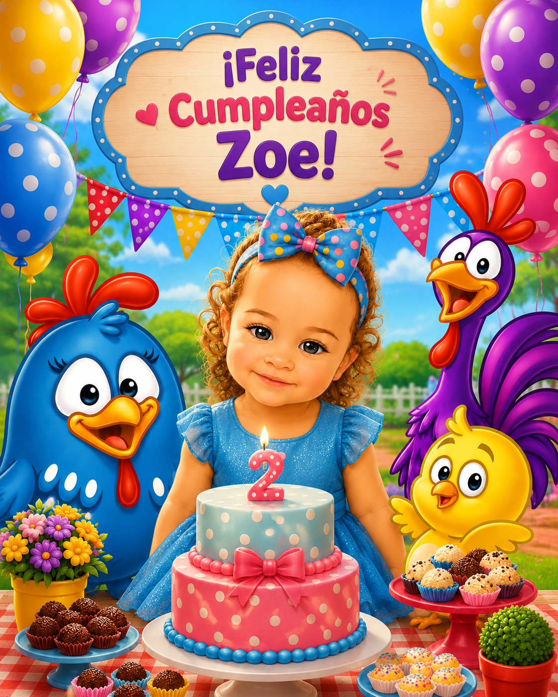 Ilustración cumpleaños de Zoe con Gallina Pintadita