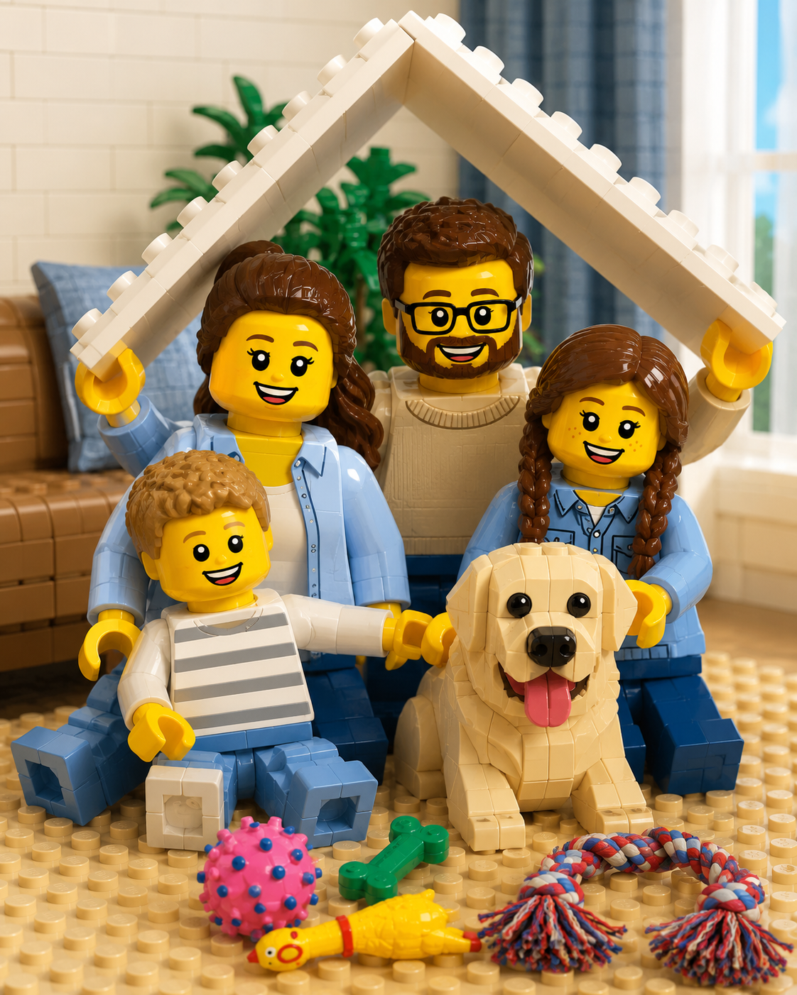 Ilustración LEGO de la familia con su perro