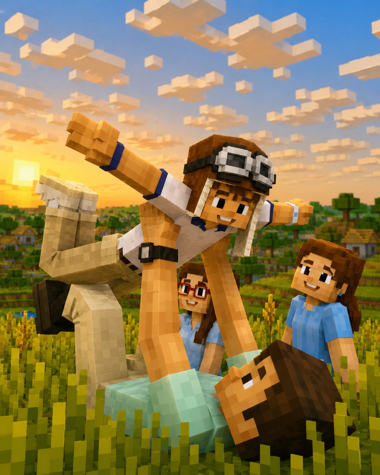 La misma familia transformada en una ilustración estilo Minecraft
