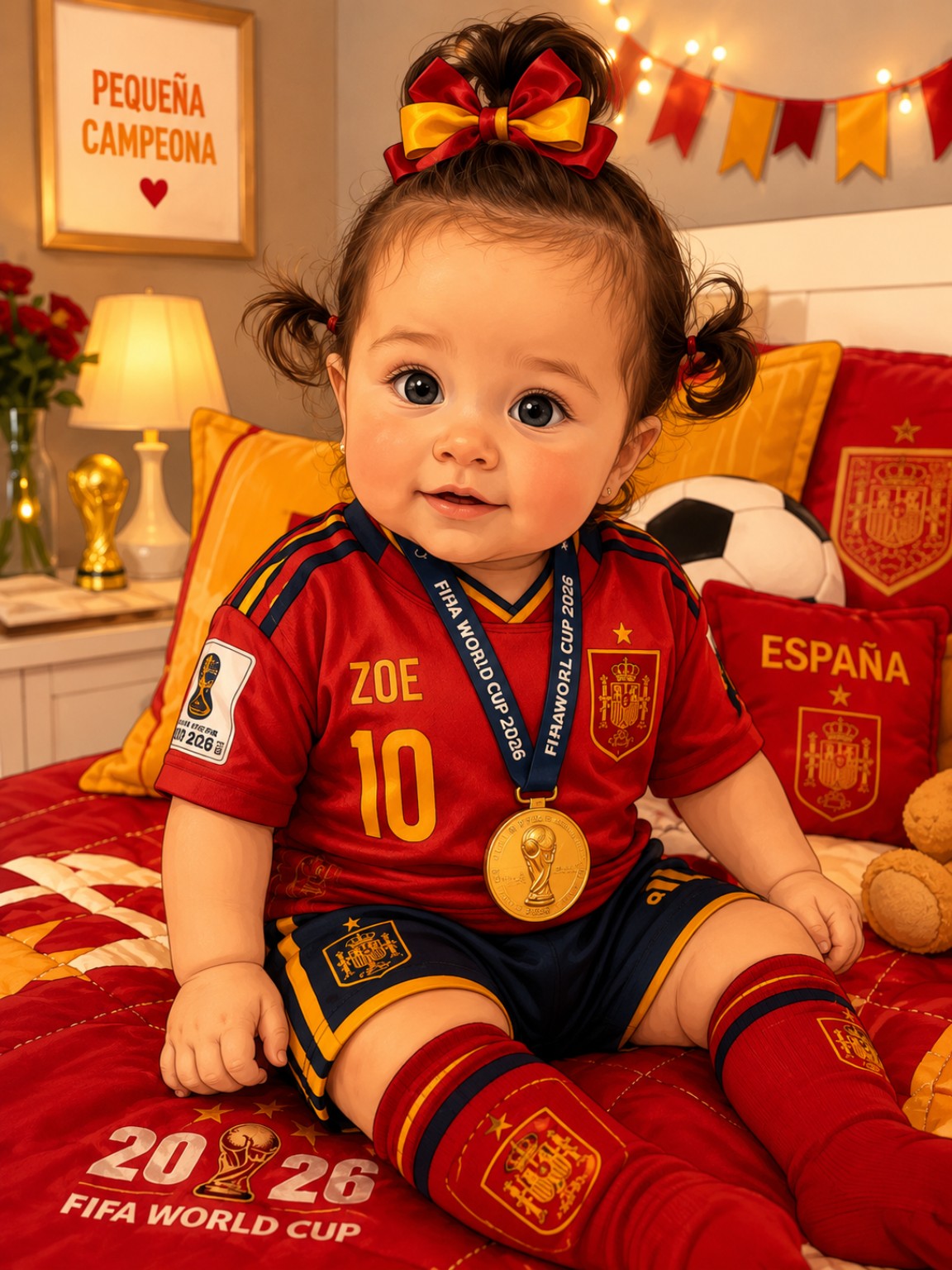 Foto original de la bebé con la camiseta de España del Mundial 2026