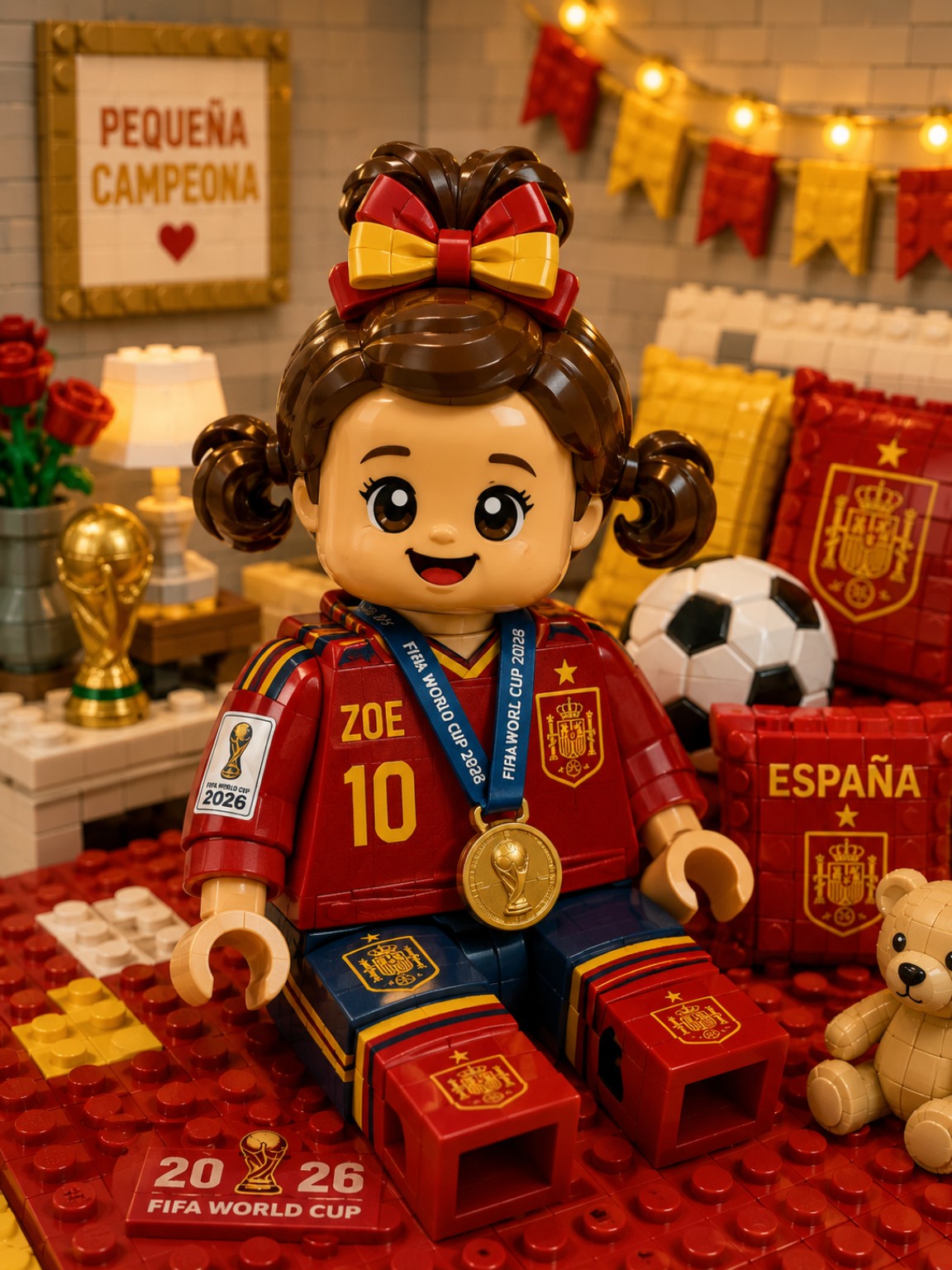 Ilustración LEGO de la bebé con la camiseta de España del Mundial 2026