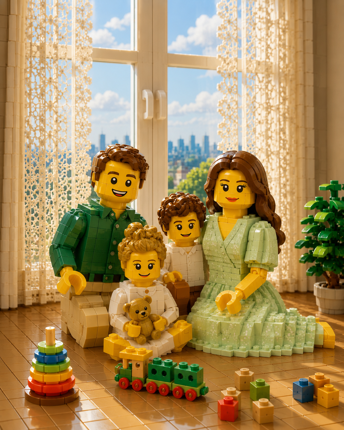 Ilustración LEGO de la familia junto a la ventana