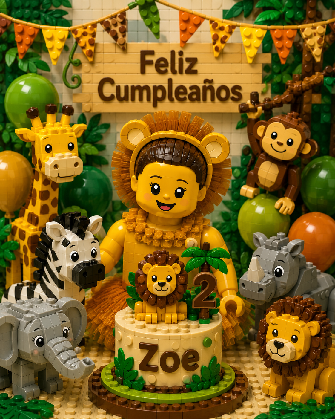Ilustración LEGO de la niña en su fiesta de cumpleaños con tema safari