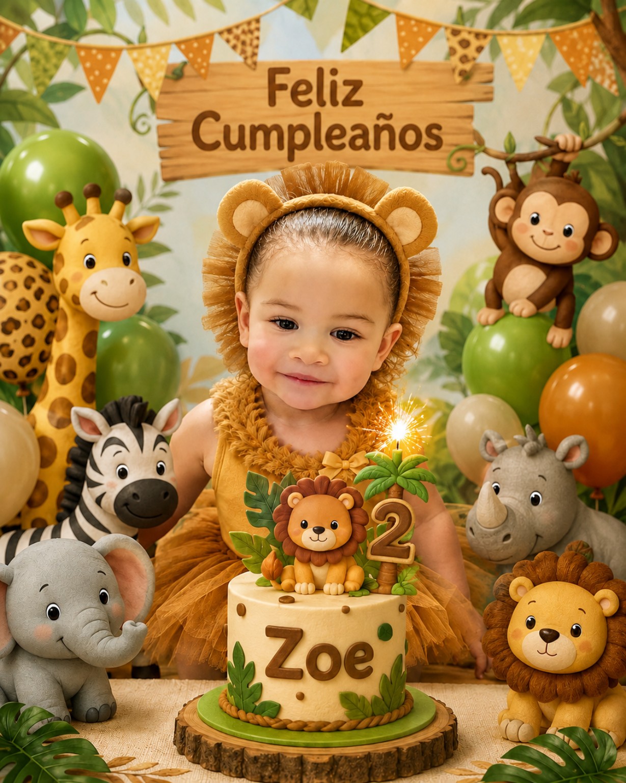 Foto original de la niña en su fiesta de cumpleaños con tema safari