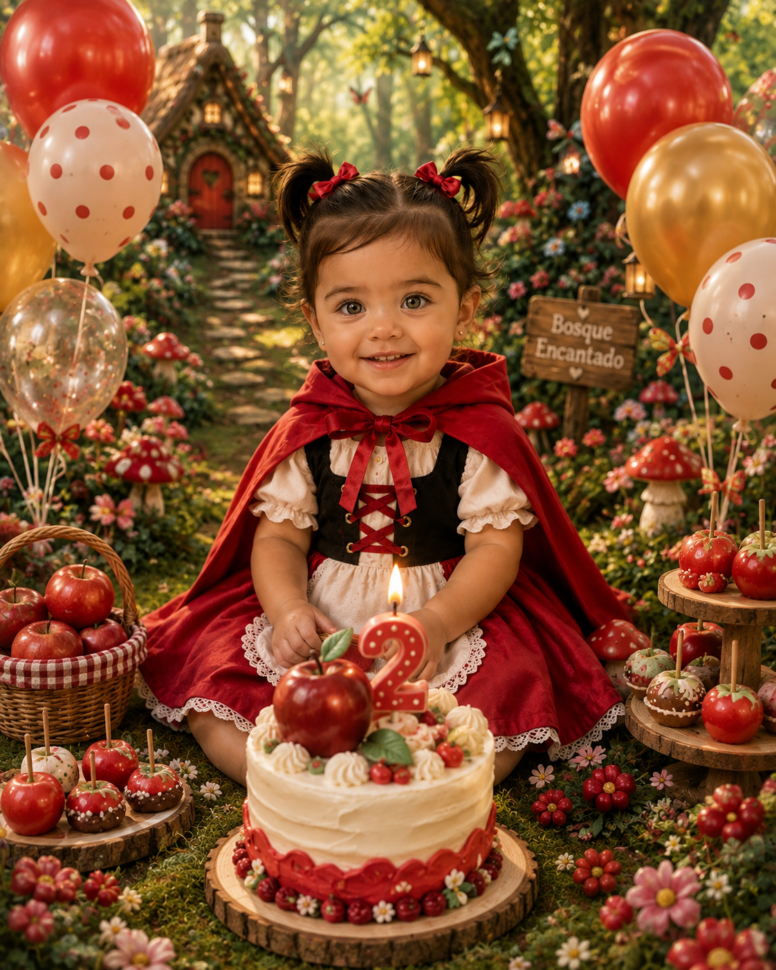 Foto original de la niña en su fiesta de cumpleaños en el bosque encantado