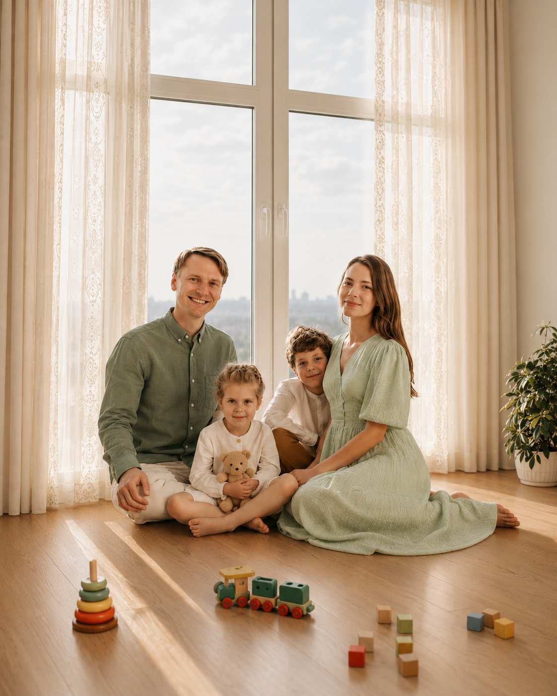 Foto original de la familia junto a la ventana