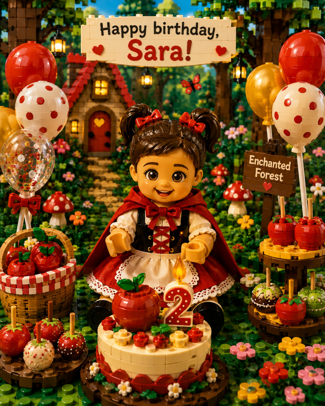 Ilustración LEGO de la niña en su fiesta de cumpleaños en el bosque encantado