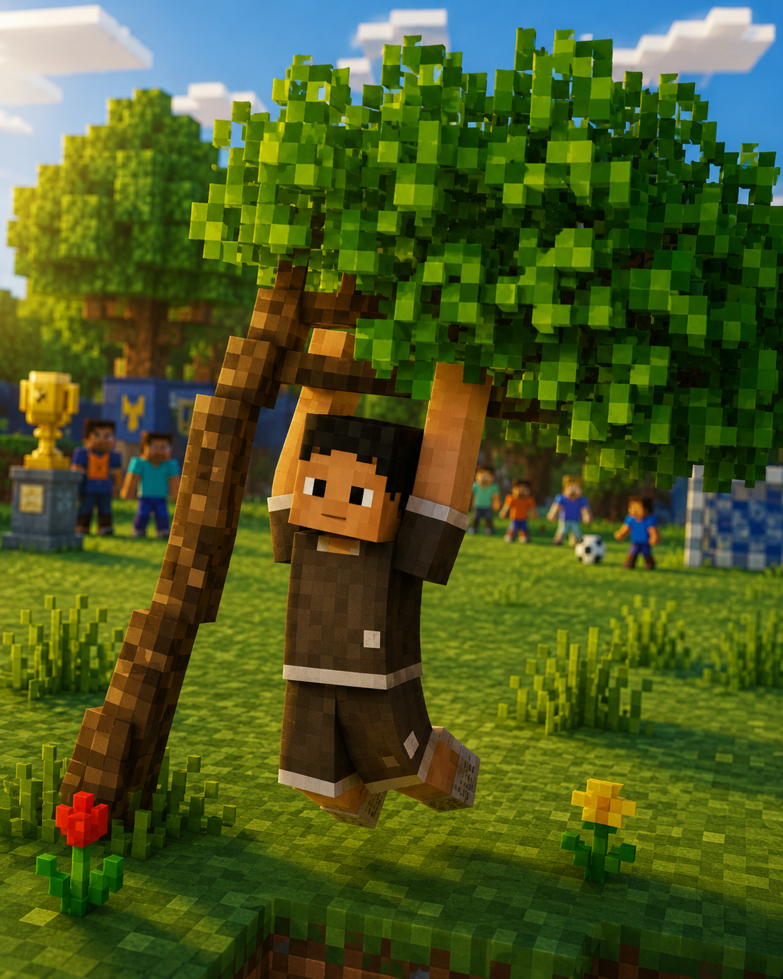 Ilustración Minecraft del niño jugando en el árbol